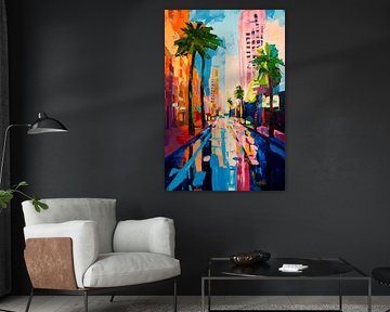 Kleurrijk uitzicht op de stad met palmbomen van Poster Art Shop