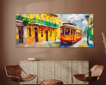 Colourful tram in an urban landscape by Poster Art Shop