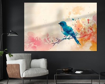 Colourful bird on branch - watercolour art by Poster Art Shop
