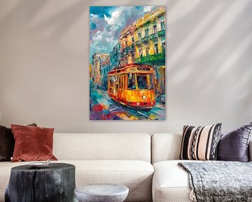Colourful tram in an urban landscape by Poster Art Shop