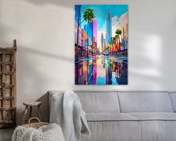 Levendig stadsgezicht met palmbomen van Poster Art Shop