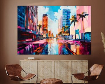 Levendig uitzicht op de stad met palmbomen van Poster Art Shop