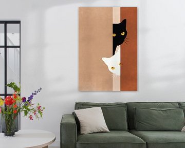 Twee nieuwsgierige katjes kijken om de hoek, bohemian stijl. van Bianca van Dijk