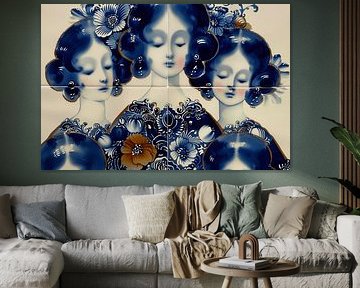Hollands tegeltableau met 3 dames van Ton Kuijpers