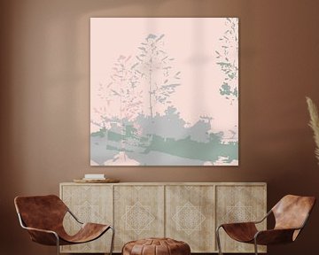 Grijs, roze, groene bladeren. Zachte en tedere botanische kunst in pasteltinten. van Dina Dankers