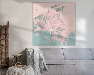 Roze, groene en blauwe bladeren. Zachte en tedere botanische kunst in pasteltinten. van Dina Dankers