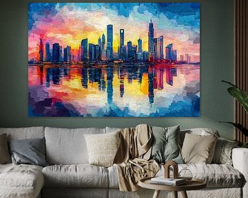 oil painting city reflection