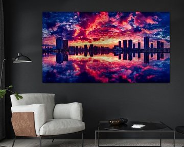 oil painting polder landscape with cityscape reflection