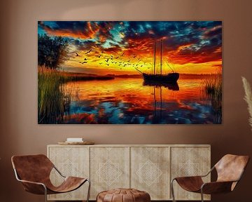 oil painting polder landscape with boat