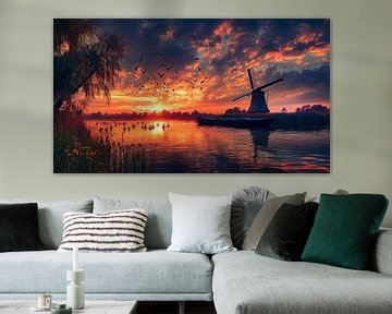 oil painting polder landscape with boat