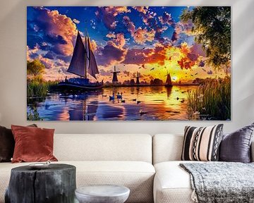 oil painting polder landscape with boat