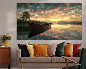 oil painting polder landscape with boat