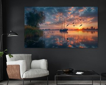 Ölgemälde Polderlandschaft mit Boot