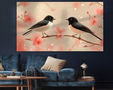Vogels op een tak lichtroze panorama van TheXclusive Art