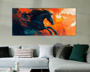 Black horse in a blaze of colour by Poster Art Shop
