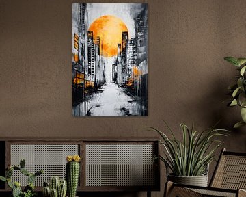 Stedelijk landschap met oranjekleurige zon van Poster Art Shop