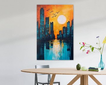 Städtische Silhouette im Sonnenuntergang von Poster Art Shop