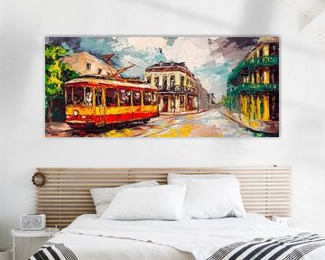 Tram in a colourful cityscape by Poster Art Shop