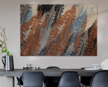 Varens bladeren I. Moderne botanische kunst in terracotta, ijsblauw, zwart en wit. van Dina Dankers