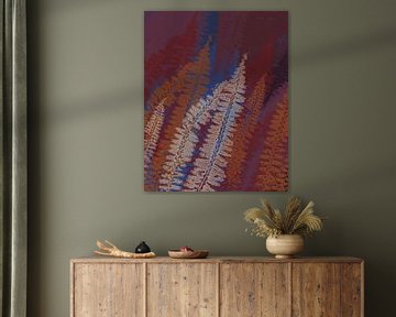 Terra, wijnrode, kobaltblauwe varens I. Moderne botanische kunst. van Dina Dankers