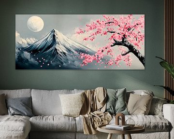 Mountain and cherry blossoms in the moonlight by Poster Art Shop