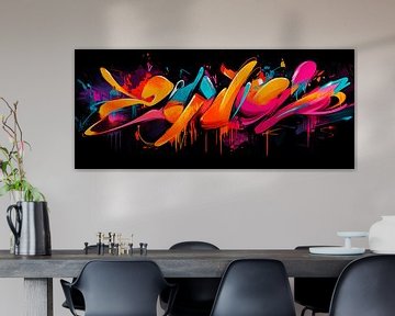 Kleurrijke graffitikunst op zwart van Poster Art Shop