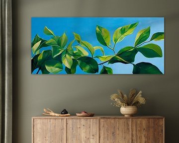 Groene bladeren tegen een blauwe lucht van Poster Art Shop