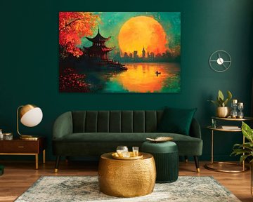 Moonrise over cityscape by Poster Art Shop