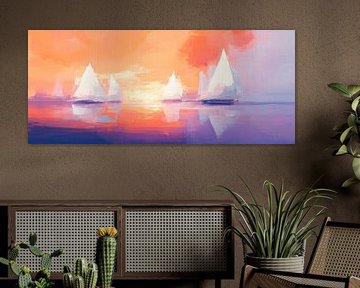 Zeilboten in de zonsondergang - pastelkleuren van Poster Art Shop