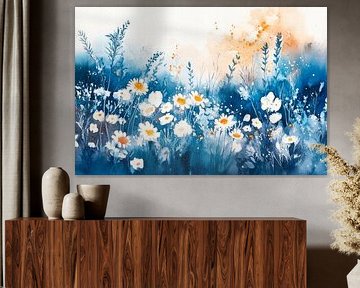 Blue flower meadow in watercolour style by Poster Art Shop