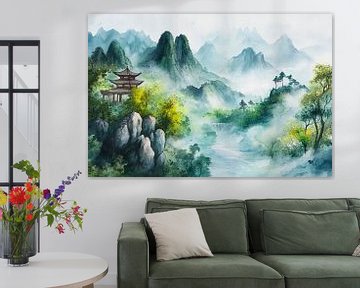 Berglandschaft mit Pagode von Poster Art Shop