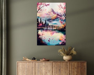 Blühende Landschaft mit Bergreflexion von Poster Art Shop