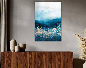 Blooming mountain landscape in blue by Poster Art Shop
