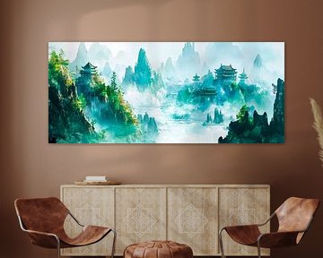 Mystische Berglandschaft mit Tempel von Poster Art Shop