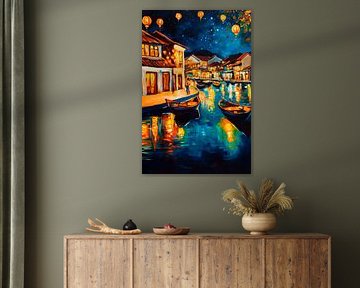 Vue nocturne avec des lanternes réfléchies sur Poster Art Shop