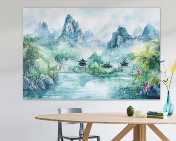 Zarte Berglandschaft im Nebel von Poster Art Shop
