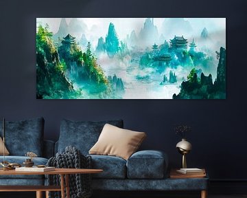 Mystische Berglandschaft mit Tempel von Poster Art Shop