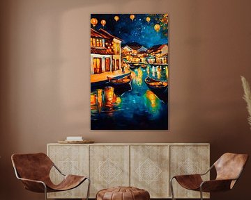 Vue nocturne avec des lanternes réfléchies sur Poster Art Shop