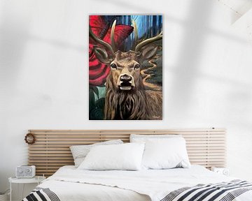 Peinture acrylique Roses rouges et papillons, cerf mystique