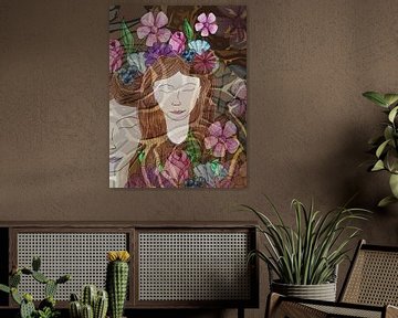 Vrouwelijk potloodportret met bloemen