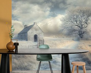 Winter, landscape with a small stone house and a large tree - 