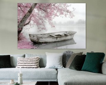 Landschap, met bloesems en een oude boot in het water -  van Joriali fotografie en schilderijen