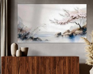 ZEN  schilderij: Japans landschap met sakura boom. van Studio Pieternel