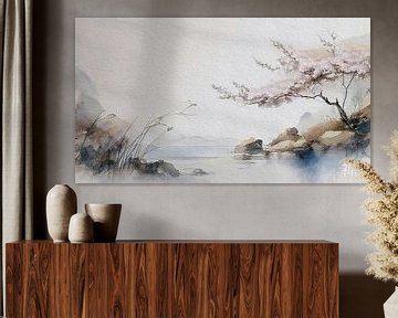ZEN  schilderij: Japans landschap met sakura boom. van Studio Pieternel