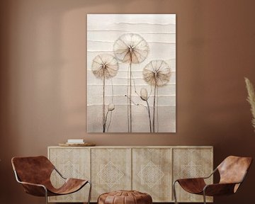 Abstract Japandi artwork of 3 spent dandelions by Studio Pieternel