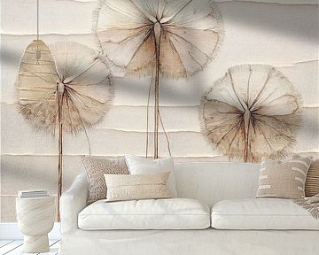 Abstraktes Japandi Kunstwerk von 3 verbrauchten Pusteblumen