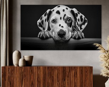 Portrait d'un chiot dalmatien, photo en noir et blanc sur fond noir