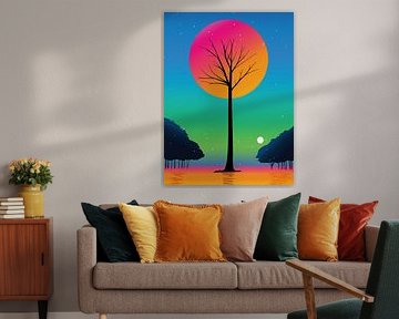 Lebendiger Baum unter einem kosmischen Regenbogenhimmel
