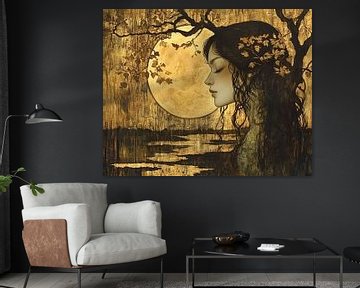 Maanlicht Silhouet | Enchanted Evening’s Amber Embrace van Abstract Schilderij