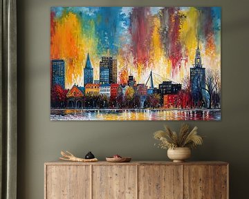 Expressionistische Rotterdamse Skyline in Kleur van Arjen Roos